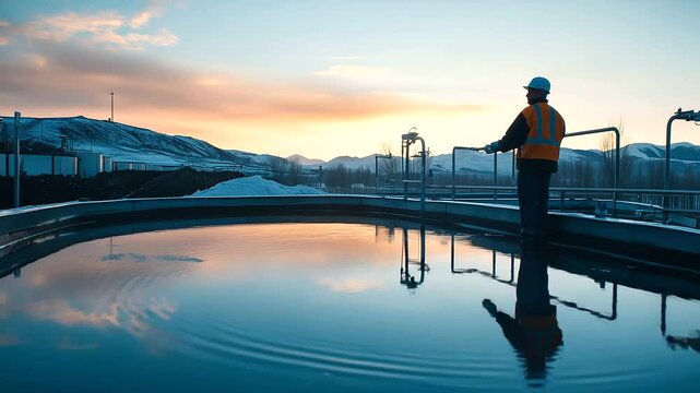 A wastewater treatment facility at sunrise, with professionals inspecting aeration tanks that release purified water back into the environment