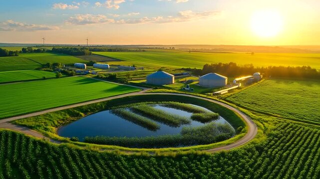 A sustainable biogas facility seen from above, large anaerobic digesters and pipelines forming an efficient energy production system amidst farmland