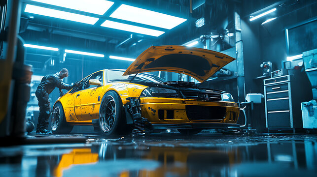 Garage scene with a customized yellow car undergoing maintenance and upgrades.
