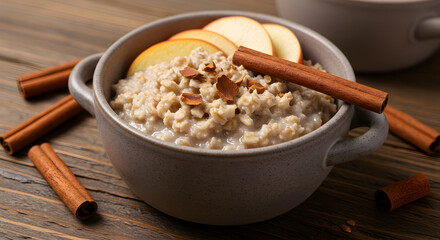 Hearty Breakfast Oatmeal With Cinnamon Sticks And Apple Slices Closeup
