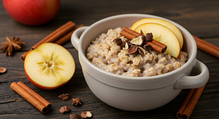 Fototapeta premium Cozy Autumn Breakfast Bowl With Oatmeal Apple Slices And Cinnamon Sticks