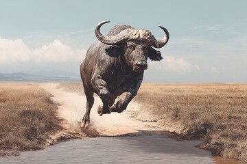 Buffalo leaps, dust kicks, water splashes; vast grassland, open sky, action wildlife