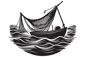 Fishing Boat Silhouette Illustration on Ocean Waves Stock Image Download