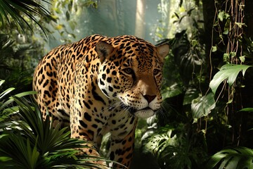 Naklejka premium Closeup Jaguar Walking in Jungle, Exotic Feline with Golden Fur and Black Spots