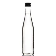 Clear Glass Bottle with Black Cap on White Background, Isolated, Water, Beverage, Studio Shot