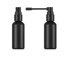 Black throat spray 3d bottle with pump and nozzle, nasal container mockup, blank packaging template for cosmetic, medical dispenser, or cleaning solution on white background.