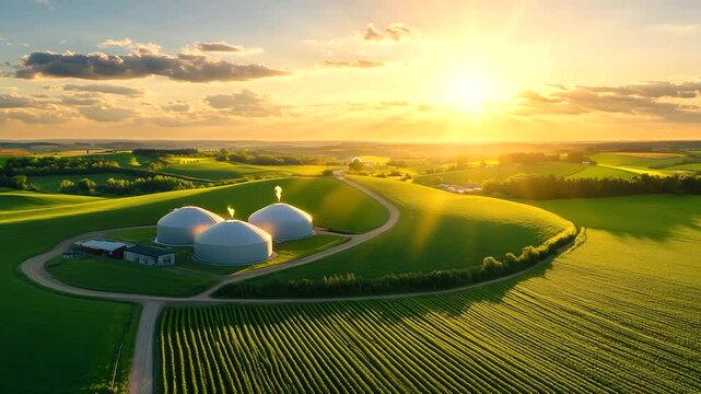 Sweeping aerial shot of an advanced biogas facility, large spherical digesters among cultivated fields, demonstrating sustainable rural energy solutions