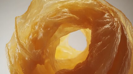 Abstract close-up of a swirling, amber-colored substance.  The texture is smooth yet folded, creating a visually captivating form with a central opening.
