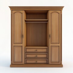 Wooden wardrobe with drawers and doors on white background