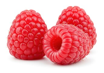 Three fresh raspberries with bright red color and soft velvety texture isolated on white background