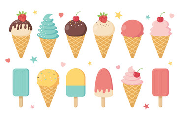 Set of tasty ice cream. Yummy street food, confectionery snacks. Ice cream with different flavors. Vector illustration