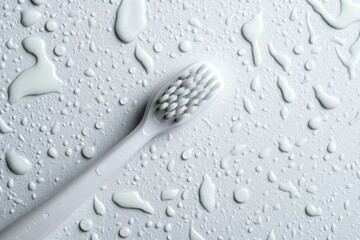 Close-up of a toothbrush and water droplets on a white surface after cleaning