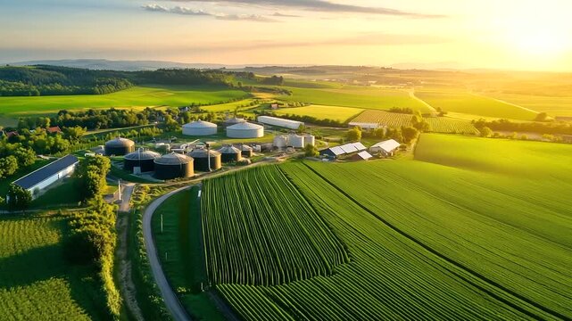Expansive drone shot of a biogas facility, pipelines running between fermentation tanks, with neatly cultivated farmland surrounding the renewable energy plant