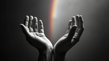 Day of pray spiritual reflection hands reaching serene environment symbolic rainbow