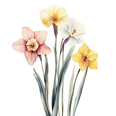 Fototapeta premium Watercolor Daffodil Flower Arrangement In Pink Yellow And White On Transparent Background