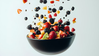 Delicious fruit salad. Fresh ingredients falling into bowl on white background
