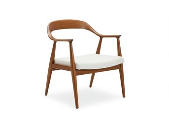 A stylish mid-century modern wooden armchair with curved lines and white upholstered seat isolated on white background