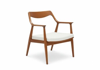 Fototapeta premium A stylish mid-century modern wooden armchair with curved lines and white upholstered seat isolated on white background