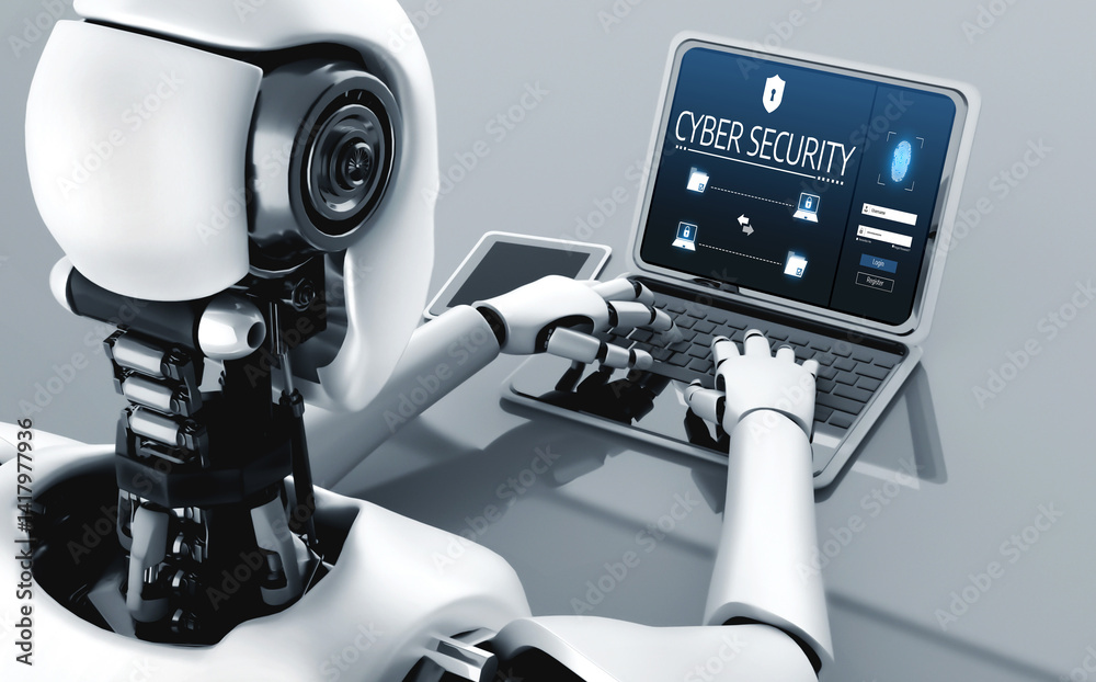 Poster cyber security system on computer screen protect private information snugly from hacker and cyber at