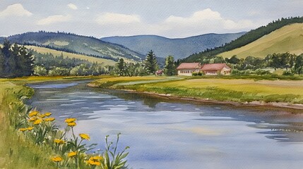 Obraz premium Serene River Valley Reflections on Water and Land