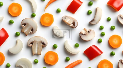 Naklejka premium Flat lay of fresh vegetables: carrots, mushrooms, onions, peas, and bell peppers arranged on a white background. Perfect for healthy eating or cooking concepts.
