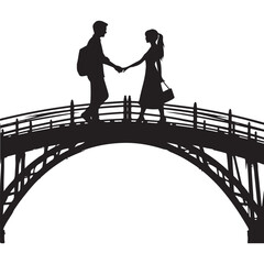 Romantic Couple Walking Bridge Silhouette Vector Art Illustration Design