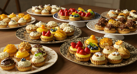 Assortment Of Miniature Fruit Tarts And Creamy Desserts On Elegant Plates