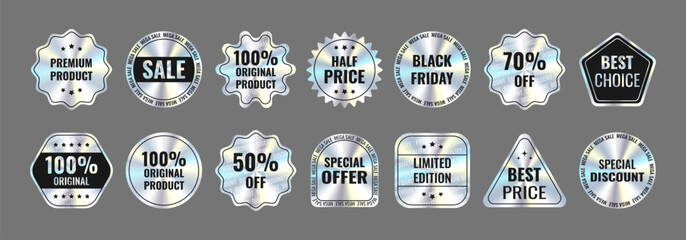 Tags and stickers with holographic effect and watermark: Sale, Black Friday, 100% original, offer, discount, Best price, Premium product, 50%, 70%, Half Price. Hologram various geometric shapes.