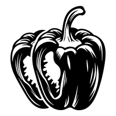 High Contrast Silhouette Illustration of a Bell Pepper with Partial Slice