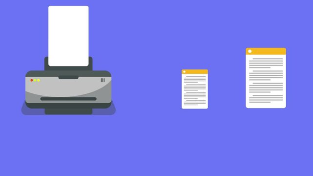Animation Vector of Printer and Printing Document on Blue Background