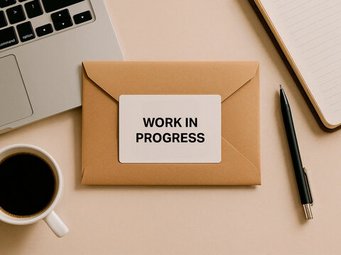 Envelope with work in progress label placed next to coffee laptop and notebook, organized stationery setup, workplace productivity business concept