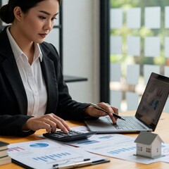 Close-up accounting scene businesswoman calculating income expenditure analyzing real estate investment financial tax system professional office working environment