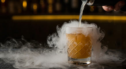 Smoke-filled cocktail being poured into a glass on a bar  