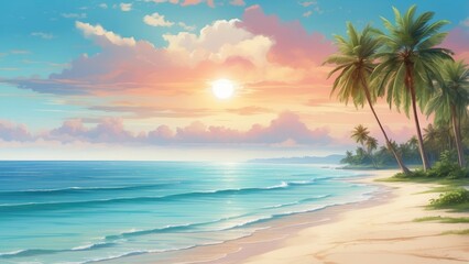 Fototapeta premium A serene tropical beach scene featuring gentle waves lapping at a sandy shore, framed by lush palm trees.
