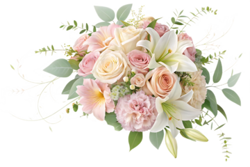 Romantic floral arrangement with roses lilies and foliage on White background PNG