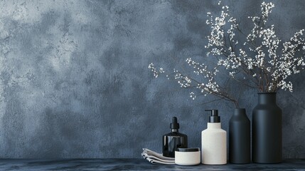 Minimal bathroom set with dark tones and blossoming branches