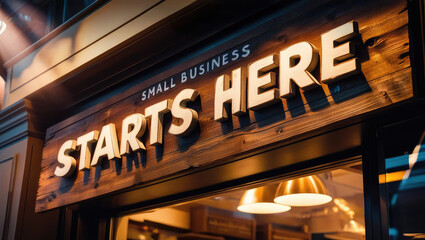 great  depression Wooden sign displaying "Small Business Starts Here" inviting entrepreneurs and showcasing a warm, entrepreneurial atmosphere.
