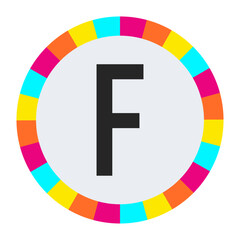 Black CAPITAL Letter F on Light Background with Vibrant Multicolor Circle Frame