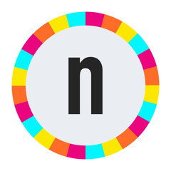 black lowercase letter n on light background with vibrant multicolor circle frame