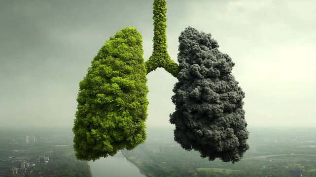 This intriguing depiction showcases the stark difference between healthy and polluted environments by illustrating lungs made of greenery and smoke. It emphasizes the impact of air quality