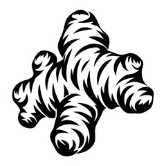 Monochrome ginger root illustration with swirling pattern and bold tribal design