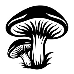 Two black and white mushrooms with gills underneath the cap illustration style