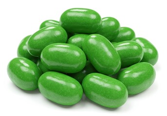 A pile of glossy green jelly beans isolated on white background