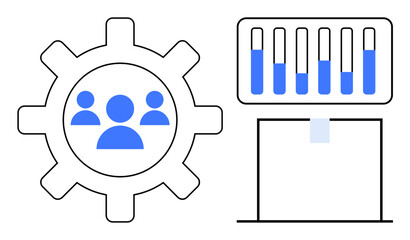 Gear symbol with team icon represents collaboration. Nearby is a bar graph and machine output for data processing and analytics. Ideal for teamwork, productivity, reporting, workflow, strategy