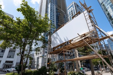 A construction site with scaffolding and a large empty white sign