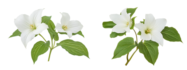 Elegant white trillium blooms with foliage isolated on white or transparent background cutout PNG