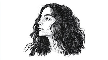 Elegant Woman's Artistic Portrait. A beautiful artistic sketch of a woman with wavy hair. The woman is looking thoughtfully off to the side in this black and white drawing.
