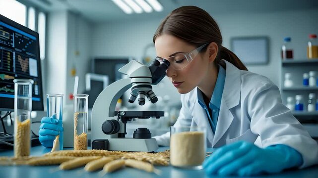 Female scientist examining wheat grains under a microscope in a modern laboratory, analyzing food samples in a scientific study

