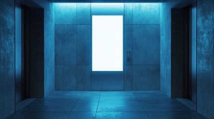 Obraz premium Modern, illuminated elevator hallway with a blank doorway.