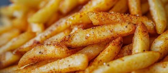 The close -up of the appetizing portion of potatoes of fries, golden and crisp, with a slight adding of salt and spices. Potato slices look fresh and seductive